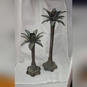 Hollywood Palm Tree Candle Holders - Bronze Green Sculptured